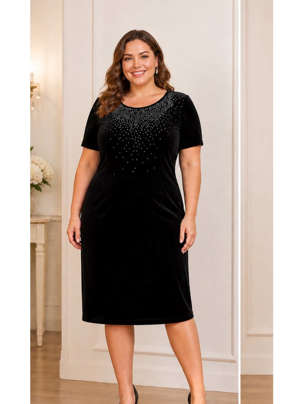 Plus Size Black Velvet Midi Dress with beaded Detail